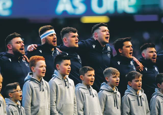 The Scotland team line up to sing the national anthem ahead of last week's Six Nations game against France at Murrayfield. Picture: Stu Forster/Getty Images