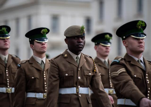 The Irish Guards parading to mark St Patrick's Day at Wellington Barracks in London. Picture: Chris J Ratcliffe/Getty