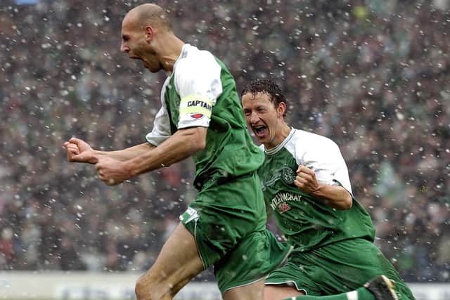 Rob Jones runs away to celebrate his opening goal in the 2007 Scottish League Cup final. Picture: Ian Rutherford