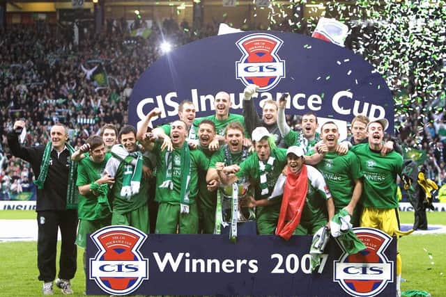 Hibs team celebrate their CIS Insurance Cup final success. Picture: Bill Murray/SNS