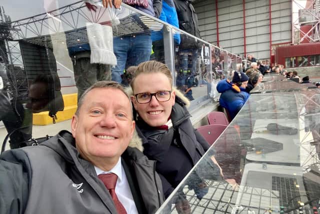 Hearts stadium announcer Scott Wilson and his son Chris in position to gee up the home fans at Tynecastle.