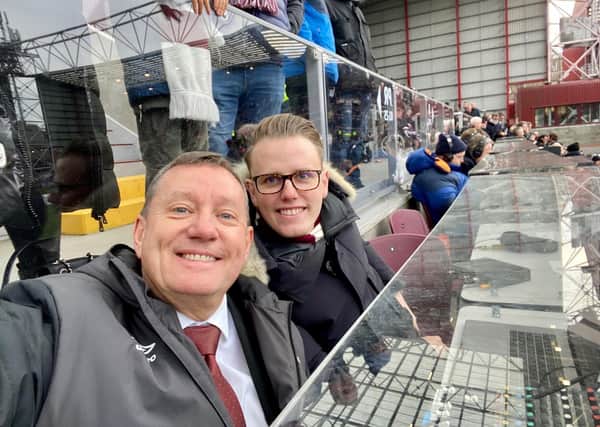 Hearts stadium announcer Scott Wilson and his son Chris in position to gee up the home fans at Tynecastle.