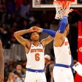 An all too familiar scene over the past two decades, as New York Knicks players stand dejected during a match against Atlanta Hawks earlier this year. Picture: Kevin C Cox/Getty Images