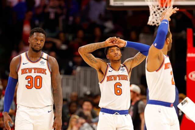 An all too familiar scene over the past two decades, as New York Knicks players stand dejected during a match against Atlanta Hawks earlier this year. Picture: Kevin C Cox/Getty Images