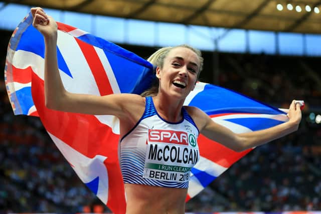 Eilish McColgan celebrates after winning silver in the 5000m at the 2018 European Championships in Berlin. Picture: Stephen Pond/Getty Images for European Athletics
