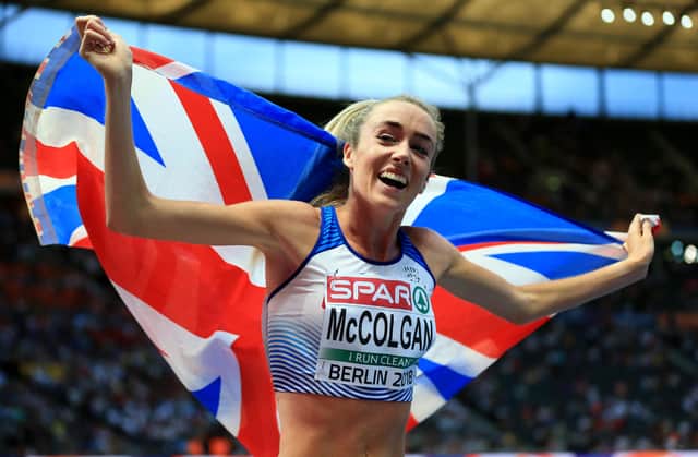 Eilish McColgan celebrates after winning silver in the 5000m at the 2018 European Championships in Berlin. Picture: Stephen Pond/Getty Images for European Athletics