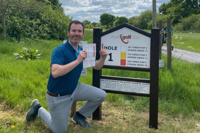Ed Sandison celebrates his first hole-in-one, achieved at the opening hole at Styal Golf Club in Cheshire on the day English courses reopened