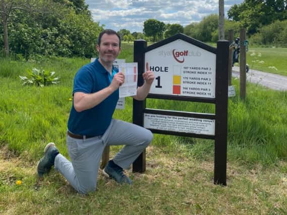 Ed Sandison celebrates his first hole-in-one, achieved at the opening hole at Styal Golf Club in Cheshire on the day English courses reopened