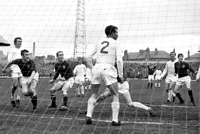 Bobby Wilson scores Dundee's equaliser against Leeds in the Fairs Cup semi-final first leg at Dens Park in May 1968. Picture: TSPL