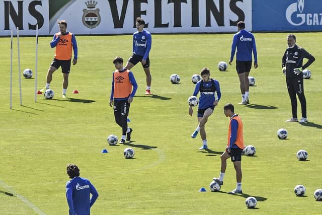 Schalke players train in Gelsenkirchen earlier this week as they prepare for the Ruhr derby against Borussia Dortmund.
Picture: Martin Meissner/AP