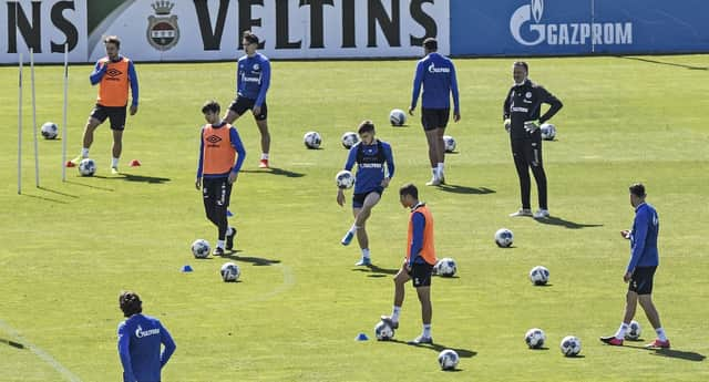 Schalke players train in Gelsenkirchen earlier this week as they prepare for the Ruhr derby against Borussia Dortmund.
Picture: Martin Meissner/AP