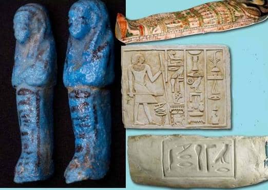 Clockwise from left: Two faience shabtis, a type of figurine found in many Egyptian tombs, at Stromness Museum; a cartonnage mummy case of An-Ankh-Rat at the McLean Museum in Greenock and two images of a limestone stela from the tomb of Mereri at Dendera, held in the National Museum of Scotland