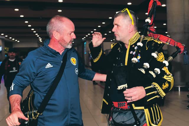 Steve Clarke chats with a Scotland fan ahead of last year's Euro 2020 qualifier in Cyprus. Picture: Alan Harvey/SNS