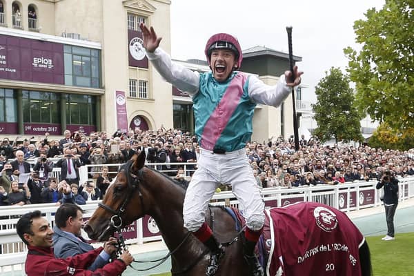 Frankie Dettori celebrates Enable’s first Prix de L’Arc de Triomphe win in 2017. The duo go for an unprecedented hat-trick this year. Picture: Getty