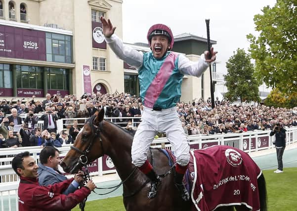 Frankie Dettori celebrates Enable’s first Prix de L’Arc de Triomphe win in 2017. The duo go for an unprecedented hat-trick this year. Picture: Getty