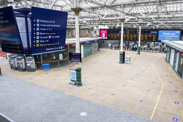 Edinburgh's Waverley Train Station is empty of passengers as Scotland continues with lockdown