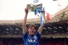 Duncan Ferguson celebrates with the FA Cup - and blue nose - after Everton's Wembley win over Manchester United