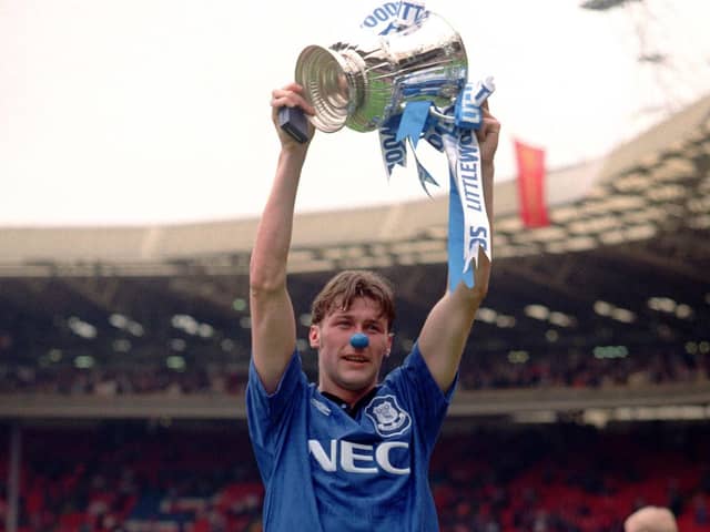 Duncan Ferguson celebrates with the FA Cup - and blue nose - after Everton's Wembley win over Manchester United