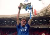 Duncan Ferguson celebrates with the FA Cup - and blue nose - after Everton's Wembley win over Manchester United