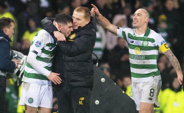 Ryan Christie gets a hug from Neil Lennon after Celtic's Betfred Cup final win over Rangers in December. Picture: Craig Foy/SNS