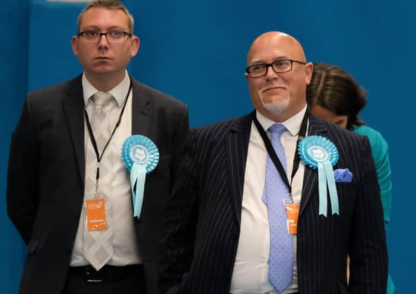 Brian Monteith (right) after being declared an  MEP for the North East of England