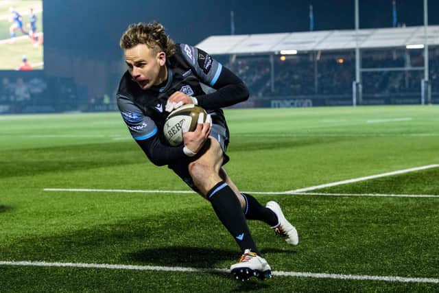 Ruaridh Jackson, scoring the second of his two tries for Glasgow against Leinster in November, re-invented himself after returning from England. Picture: SNS/SRU