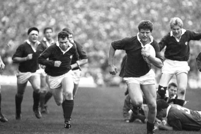 Damian Cronin on his way to scoring Scotland's first try in the 37-21 win over Ireland in the 1989 Five Nations. Picture: Alan Macdonald