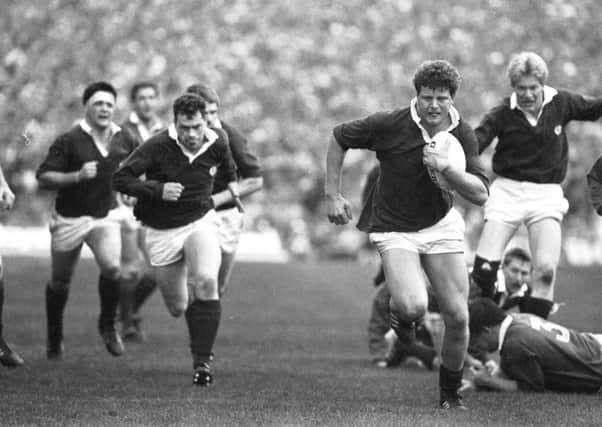 Damian Cronin on his way to scoring Scotland's first try in the 37-21 win over Ireland in the 1989 Five Nations. Picture: Alan Macdonald
