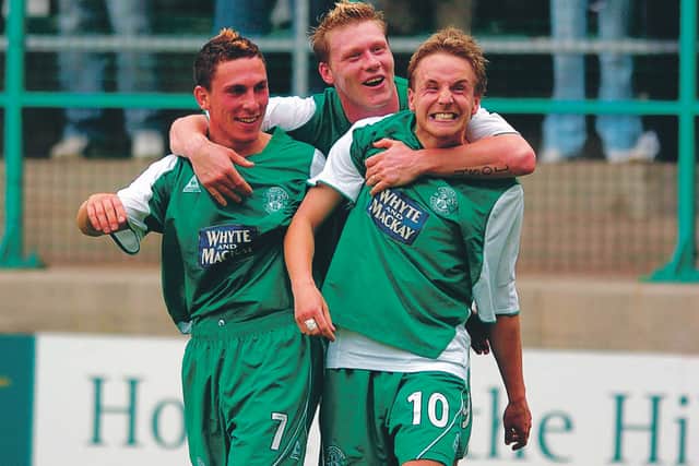 Scott Brown, Garry O'Connor and Tom McManus celebrate a goal for Hibs in the early days of the Tony Mowbray regime. Picture: Cate Gillon