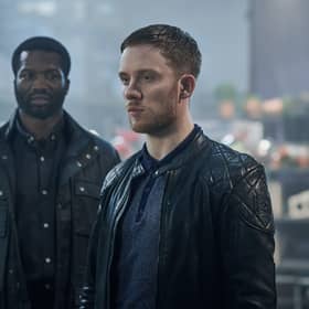 (L-R) Sope Dirisu as Elliot Finch and Joe Cole as Sean Wallace in Gangs of London. Picture: PA Photo/©Sky UK Limited