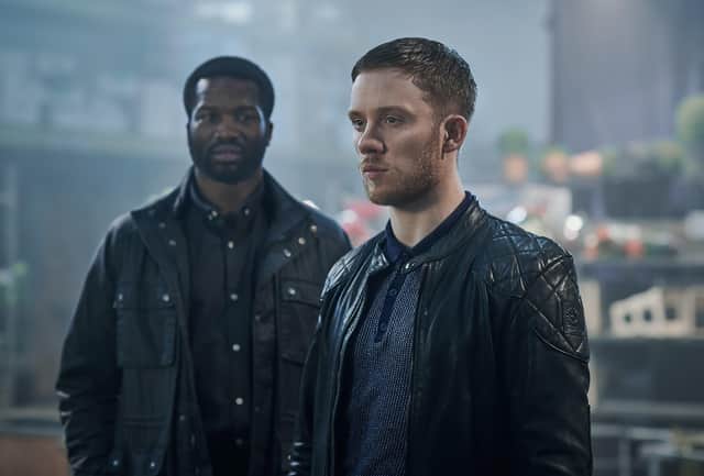 (L-R) Sope Dirisu as Elliot Finch and Joe Cole as Sean Wallace in Gangs of London. Picture: PA Photo/©Sky UK Limited