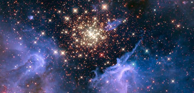 An image captured by the Hubble Space Telescope of a young, glittering collection of stars resembling an aerial burst.