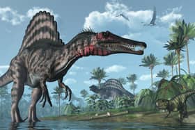 A tropical prehistoric scene with several dinosaurs, including two spinosauruses, a psittacosaurus and two dorygnathuses in flight
