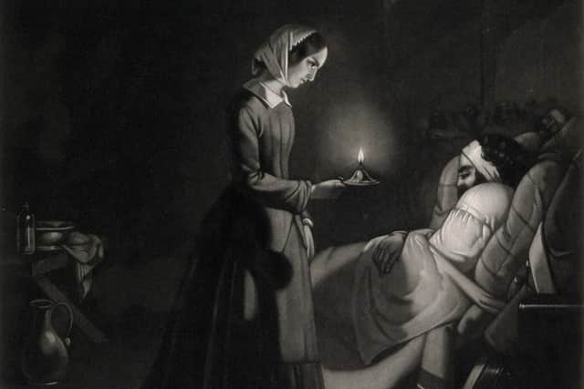 Florence Nightingale on the night round at Scutari hospital, c. 1855 (Attribution 4.0 International (CC BY 4.0, https://wellcomecollection.org/works/gsp4wk9m)