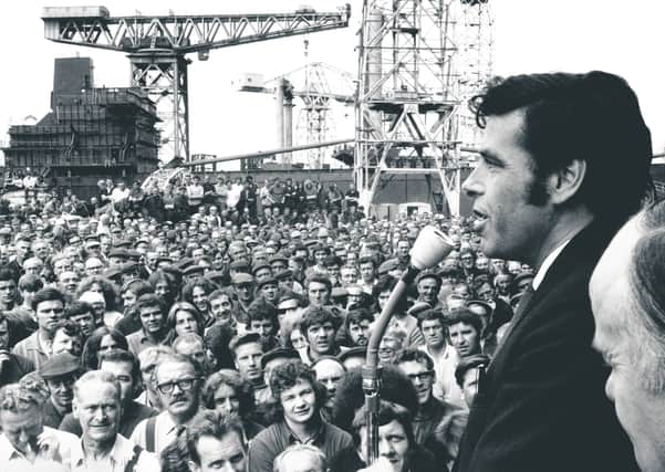 Shop stewards convener Jimmy Reid addresses a mass meeting of the Upper Clyde Shipyards at Clydebank, July 1971.