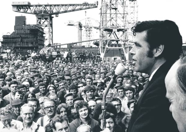 Shop stewards convener Jimmy Reid addresses a mass meeting of the Upper Clyde Shipyards at Clydebank, July 1971.
