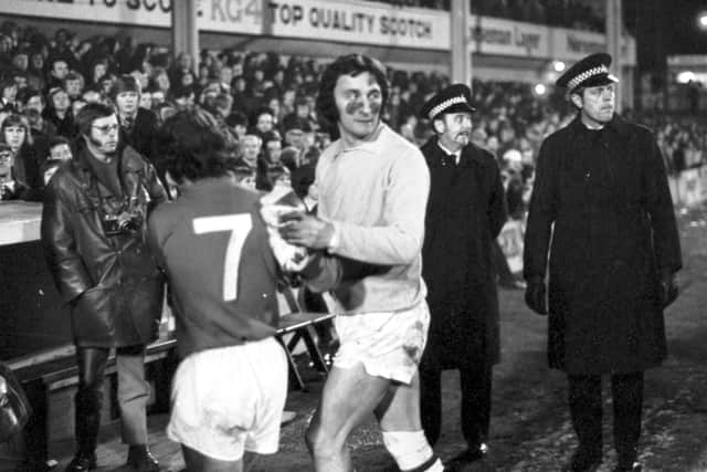 Jim Herriot, who used to rub mud under his eyes to stop the glare from the floodlights, after a Hibs-Rangers match at Easter Road in March 1973.