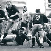 Gary Armstrong fronts up to the New Zealand forwards during the Second Test at Eden Park