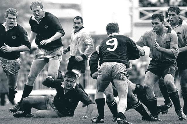 Gary Armstrong fronts up to the New Zealand forwards during the Second Test at Eden Park