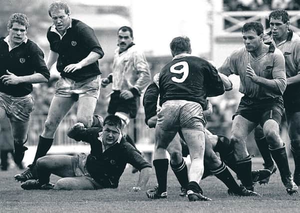 Gary Armstrong fronts up to the New Zealand forwards during the Second Test at Eden Park