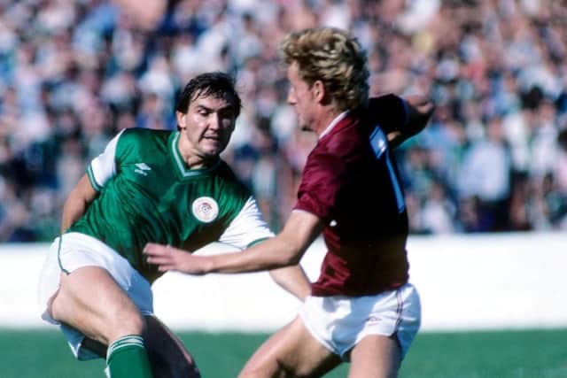 Jackie McNamara in action for Hibs as he tussles with Hearts Dave Bowman during an Edinburgh derby in 1984. Picture: SNS Group.