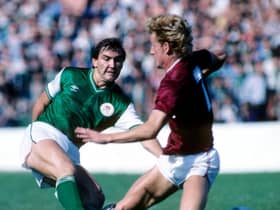Jackie McNamara in action for Hibs as he tussles with Hearts Dave Bowman during an Edinburgh derby in 1984. Picture: SNS Group.