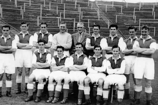 John Ogilvie is third from right in the back row of the Hibs team picture from the 1950-51 season. Picture: Colorsport Shutterstock
