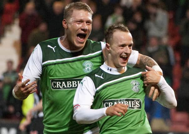 Leigh Griffiths, right, and his old friend and striker partner Garry O’Connor during their successful spell togther at Hibs. Picture: Kenny Smith/SNS