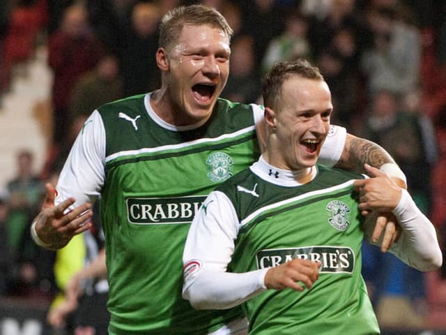 Leigh Griffiths, right, and his old friend and striker partner Garry O’Connor during their successful spell togther at Hibs. Picture: Kenny Smith/SNS