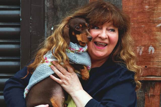 Comedian, writer and broadcaster Janey Godley and her 'wee Tory' miniature dachshund, Honey, together in lockdown. Picture: John Devlin