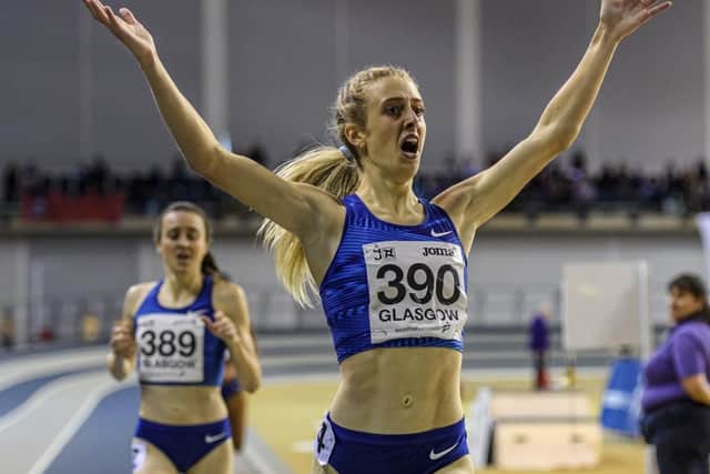 Jemma Reekie celebrates victory and a new British 800m indoor record of 1min 57.91secs  in Glasgow in February with training partner Laura Muir, who finished second, in                                           the background. Picture: Bobby Gavin