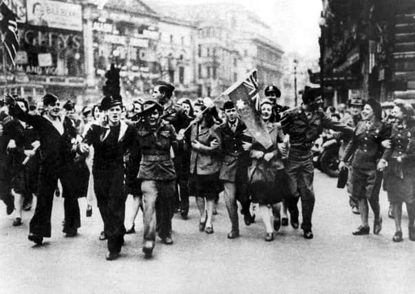 Rejoicing crowds in Piccadilly, London, on VE Day, 1945