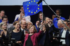 Nathalie Loiseau (C) waves a European flag during a public meeting ahead of the European elections. Picture: Getty