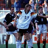 Pat Nevin, second from the right, cuts a dejected figure after Scotland's 2-0 defeat by Germany at Euro 92 in Sweden. Picture: SNS